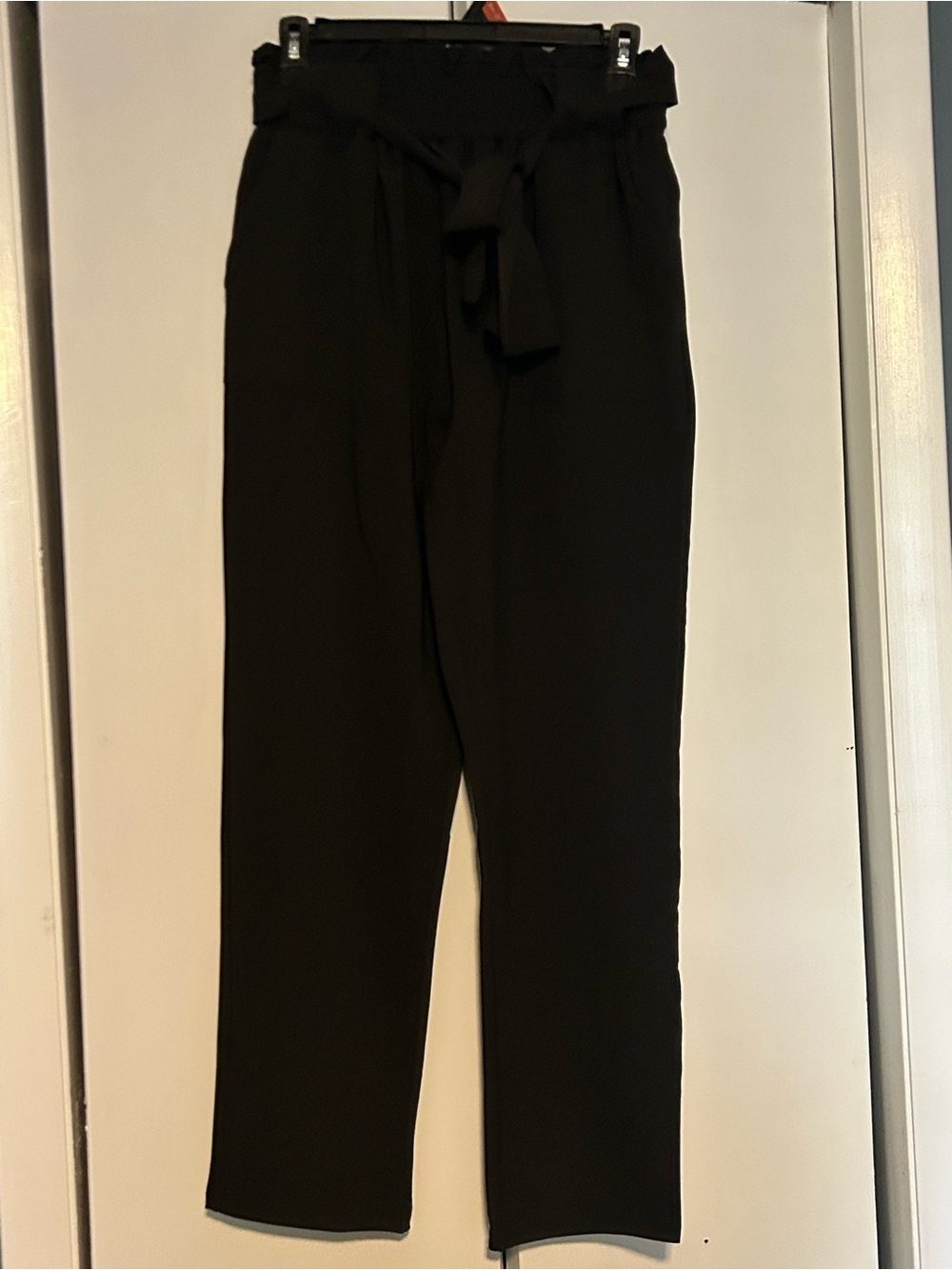 Grace Karin High Rise Paperbag Waist Straight Leg Trousers Black Medium